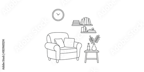Hand drawn sketch of a cozy armchair reading nook