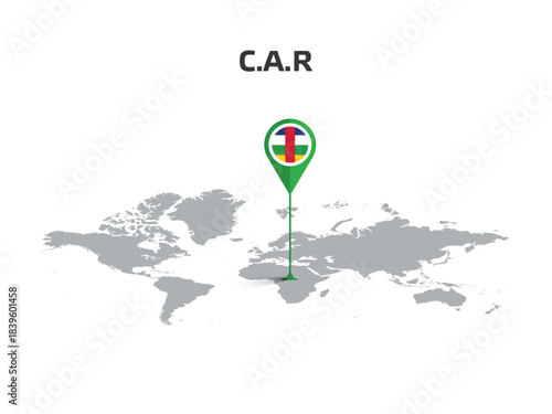 Central African Republic Location Pin on World Map with Flag in Pin's Body