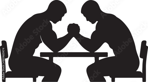 Two men engaged in intense arm wrestling match, a powerful silhouette illustration symbolizing strength, competition, and rivalry.