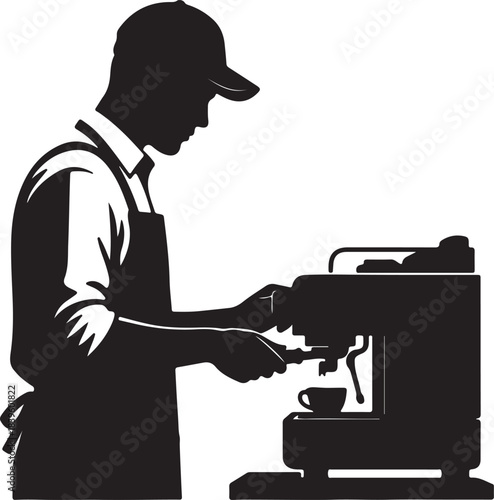 Silhouette illustration of a professional barista in an apron and cap, skillfully preparing espresso coffee using a modern machine in a cafe.