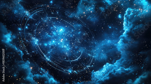 Zodiac wheel spinning on starry night sky, mystical astrology concept with horoscope and star signs, cosmic background, copy space