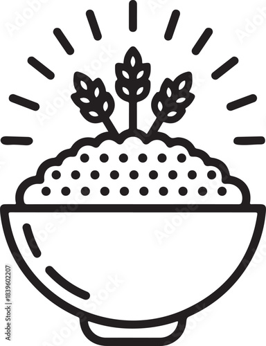 Whole grain cereal bowl icon with wheat stalks, symbolizing healthy breakfast, nutrition, organic food, and natural ingredients concept.