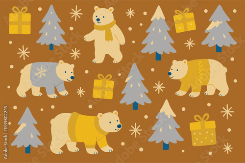 Christmas Bears Background Winter December Decoration Polar Bear Holiday December Snow Snowflakes Tree Present Gift Vector Design