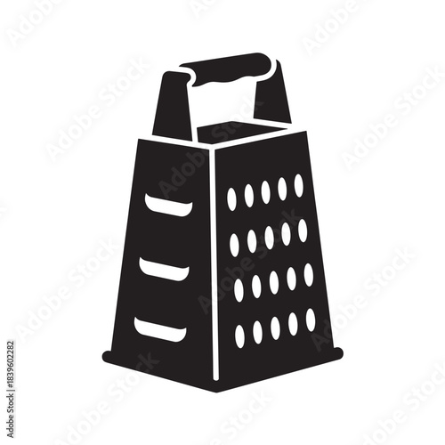 Black silhouette icon of a classic cheese grater designed in a minimalist flat style ideal for kitchen appliance apps recipe websites or culinary branding