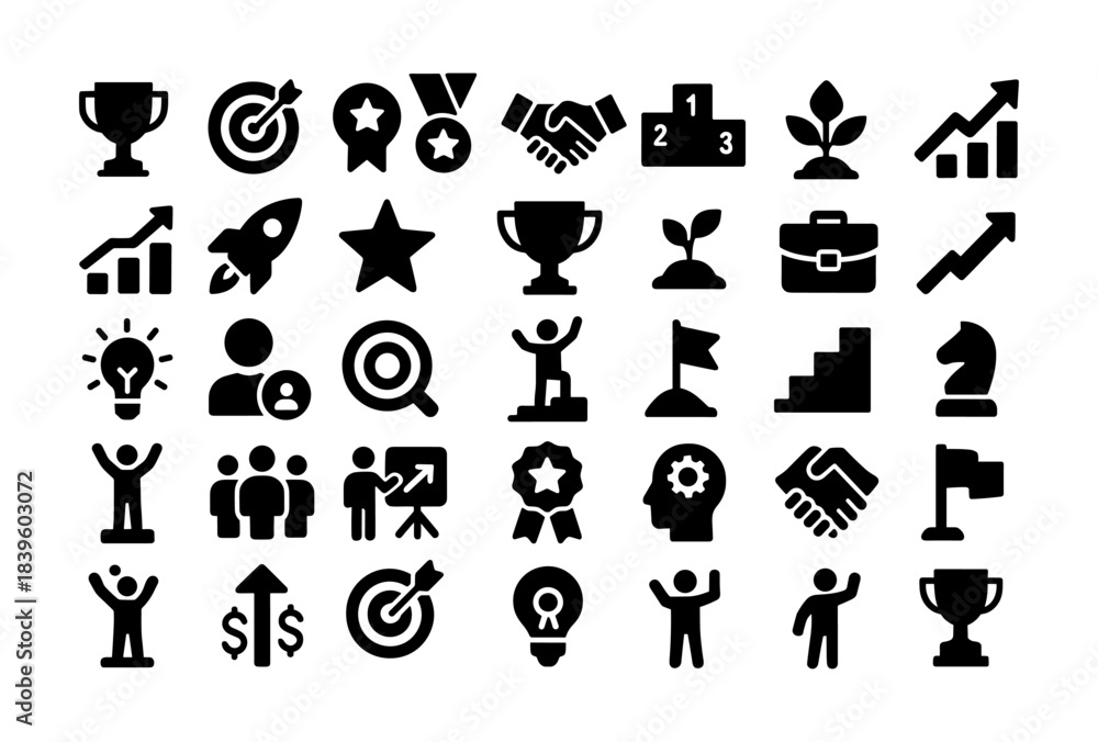 Obraz premium Business growth and success icons: black silhouettes for achievements and innovation