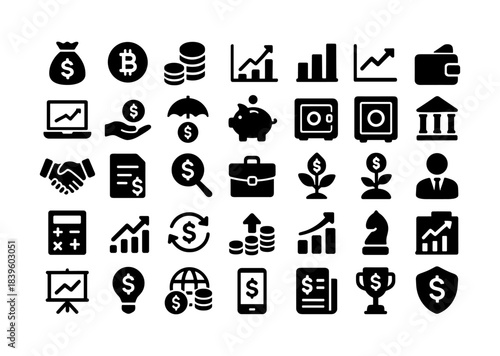 Finance and economy icons collection: growth, savings, investment, banking, and cryptocurrency