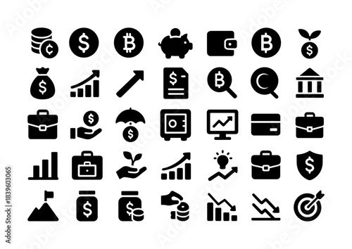 Silhouette financial icons: money, cryptocurrency, and banking symbols in bold design