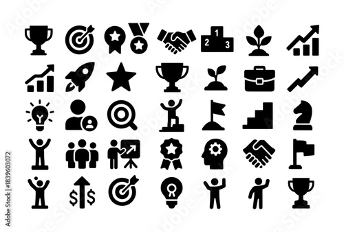 Business growth and success icons: black silhouettes for achievements and innovation
