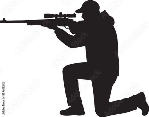 Silhouette of a kneeling hunter or sport shooter aiming a scoped rifle, focused and precise, ready for the shot ahead