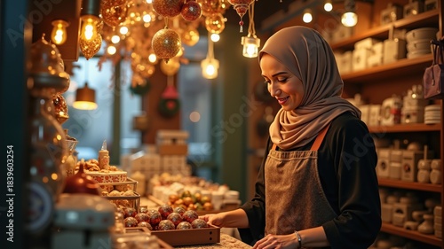 Fototapeta Naklejka Na Ścianę i Meble -  Festive shopping scene: A female Muslim shopkeeper, wearing a modest outfit and headscarf, arranges festive goods in her small store adorned with lights and decorations for the Miraj celebration, conc