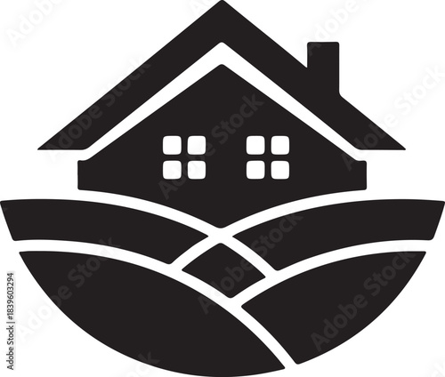 Stylized house on rolling green fields vector icon for real estate, home ownership, property investment, or rural living concepts