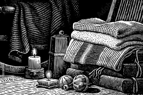 cottage core Christmas setup with knitted blankets, candles, wooden ornaments, and black and white colors creates a nostalgic and comforting holiday trend for 2026