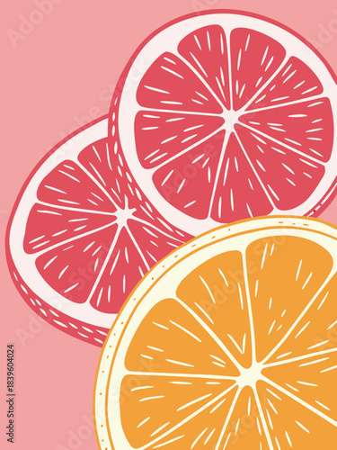 "Citrus fruit slices grapefruit orange vector illustration, vibrant fresh healthy food pattern for summer tropical juice vitamin design concept"

