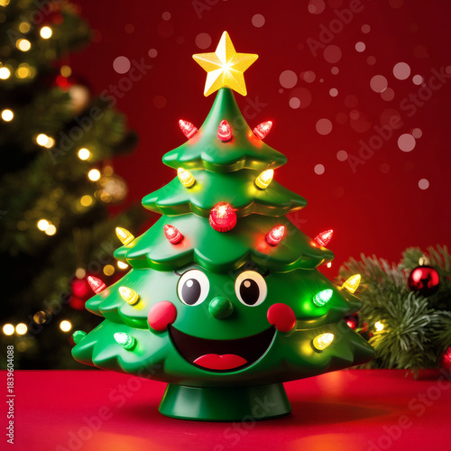Animated Christmas tree decoration with colorful lights on red background  