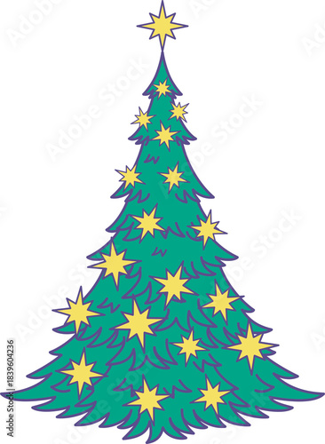 Christmas tree with star ornaments illustration. Hand drawn evergreen pine tree for Season greetings.