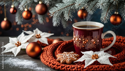 Warm cup of coffee with cookies and holiday decorations on table  