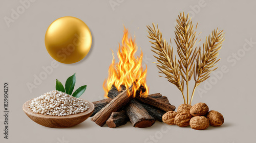 Bonfire burning brightly with people dancing in silhouetted forms, creating a warm ambiance and representing the joy and community spirit of a traditional harvest festival