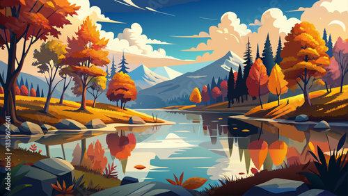 Very beautiful lakeside landscape with brilliant autumn foliage mirrored perfectly on calm water, creating a vibrant and peaceful countryside scene illuminated by warm natural light.