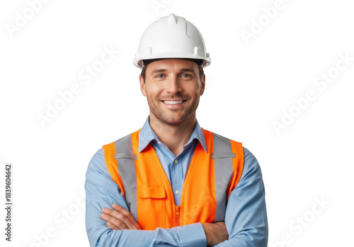 Smiling construction worker wearing a white hard hat and orange safety vest with arms crossed isolated on transparent background