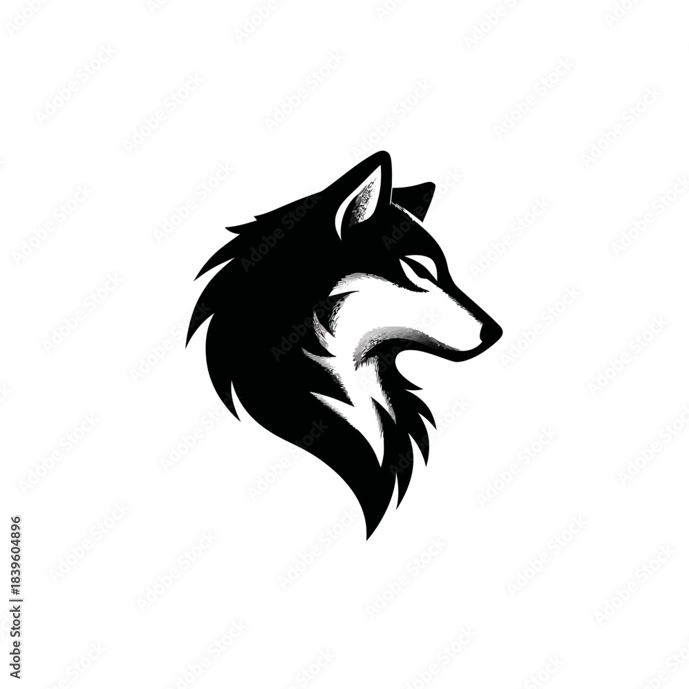 Obraz premium Black and white wolf head graphic on white background wildlife design
