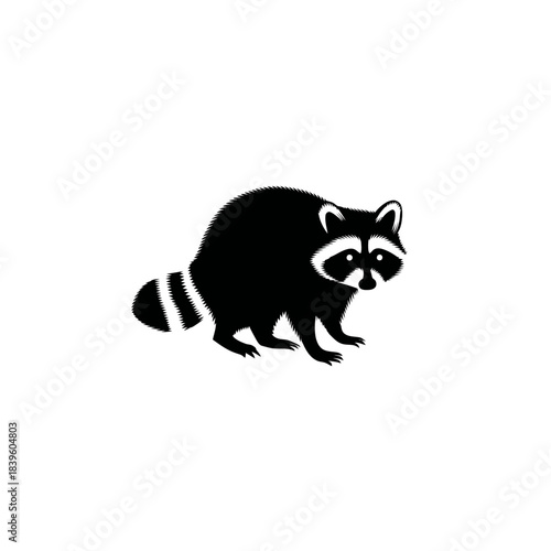 Black and white silhouette of a raccoon isolated on a white background
