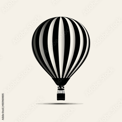 Black and white striped hot air balloon graphic against a light background