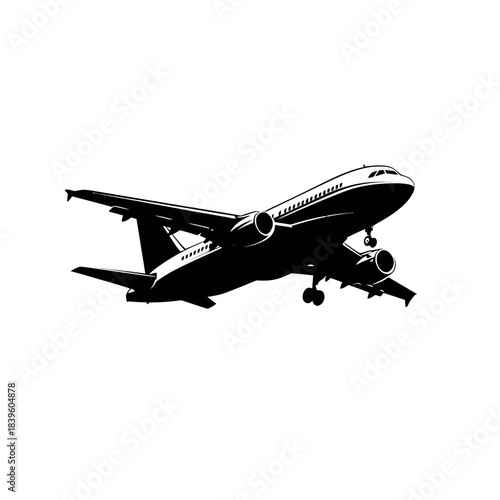 Black and white vector illustration of an airplane taking off isolated