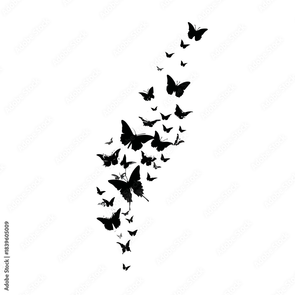 Naklejka premium Black butterflies silhouette swarm on white background vector illustration