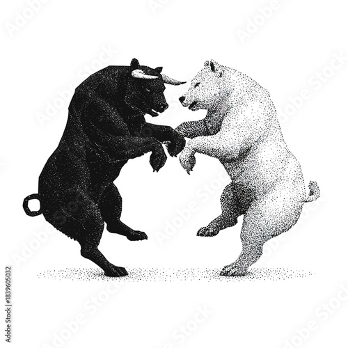 Black bull and white bear fight symbolizing market trends illustration