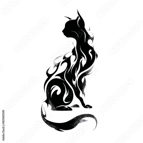 Black cat silhouette with flame like pattern on white background