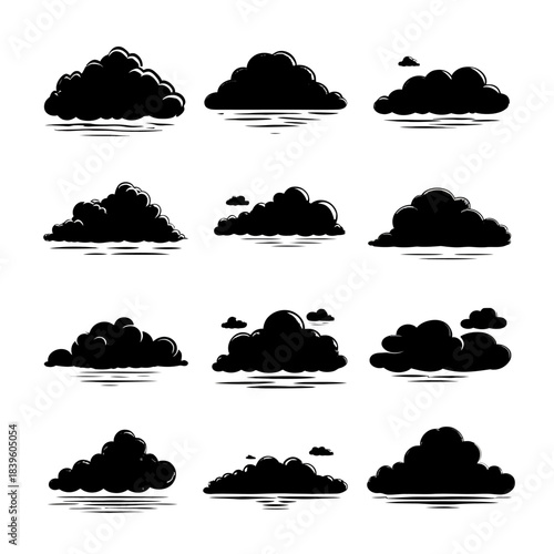 Black cloud silhouettes against white background for design and decoration elements