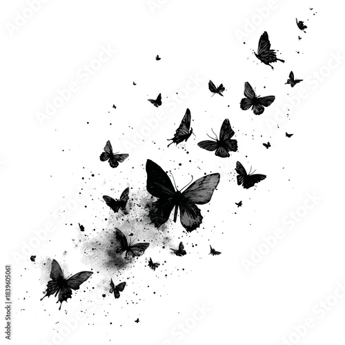 Black butterflies fluttering across a white background abstract illustration design