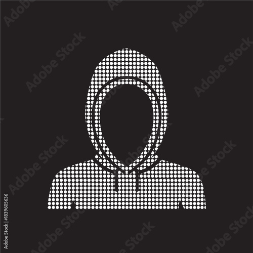 Anonymous hooded figure icon with a dotted pixelated pattern ideal for user profiles privacy concepts or digital security applications