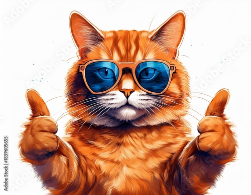 orange cat with sunglasses giving thumbs up on white background