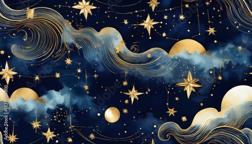 seamless celestial night sky pattern with delicate gold foil stars and clouds in watercolor textures featuring constellations on a dark blue background