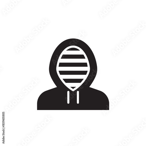 Anonymous person in a hoodie with a striped face a minimalist flat vector icon for online privacy cyber security and digital identity concepts