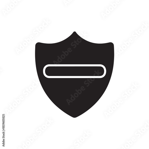 Minimalist black shield icon with a horizontal bar symbolizing security removal or threat elimination a modern vector graphic for digital interfaces
