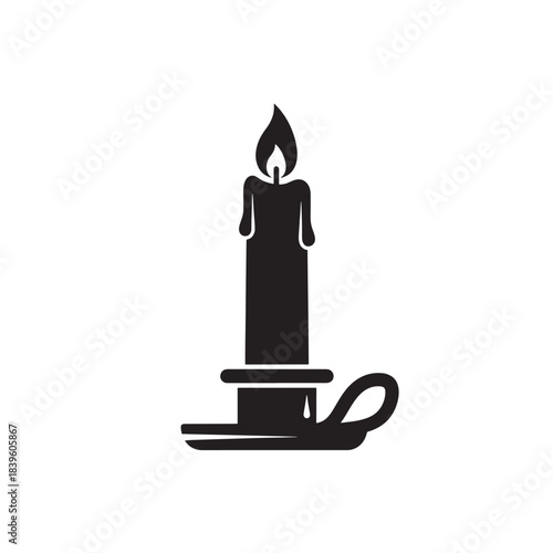 Minimalist black glyph icon of a burning candle in a classic candlestick holder perfect for web app and traditional design elements