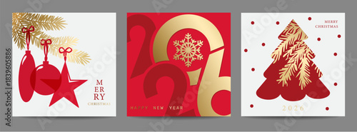 Merry Christmas and Happy New Year greeting card Set. Red and Gold Modern beautiful Xmas design with typography. Art banner, poster, cover templates