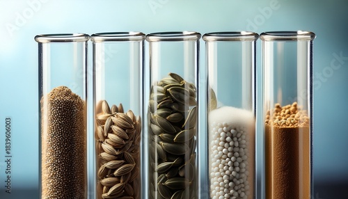 test tubes with seeds and powder