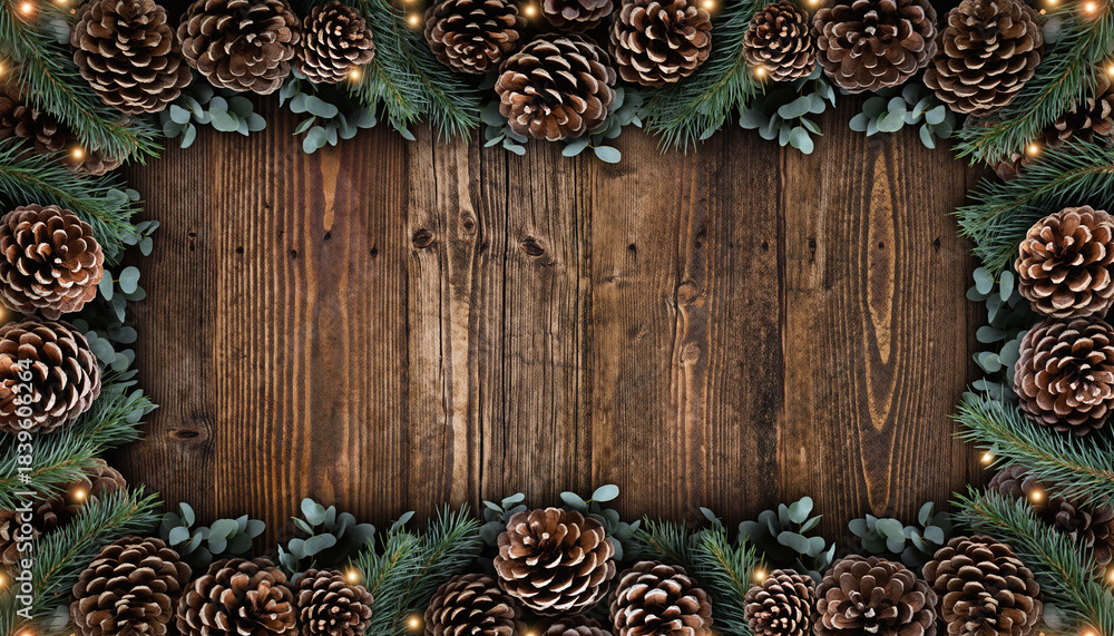 Fototapeta premium Christmas frame with pine cones, fir branches, eucalyptus and glowing lights on a rustic dark wood background. Winter holiday composition with copy space for text, perfect for invitations or templates