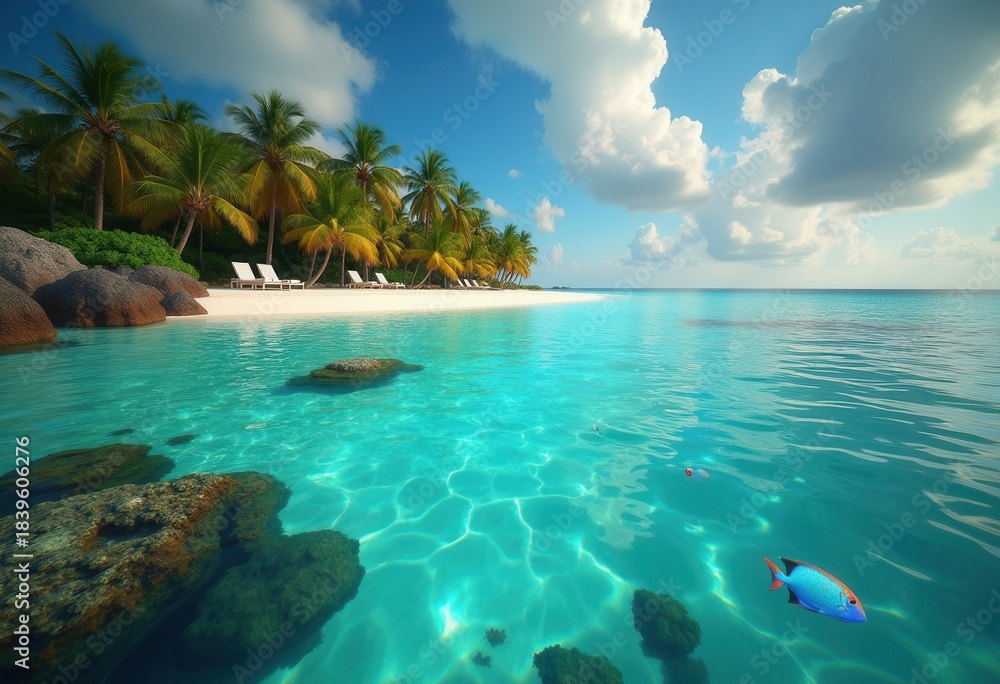 Naklejka premium Tranquil Coral Atoll Surrounded by Clear Turquoise Lagoon Water and Connected by Vibrant Reef