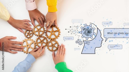 This image features diverse hands engaging with wooden gears, representing teamwork and creativity. It conveys collaboration and innovative problem-solving in a business context. Raster
