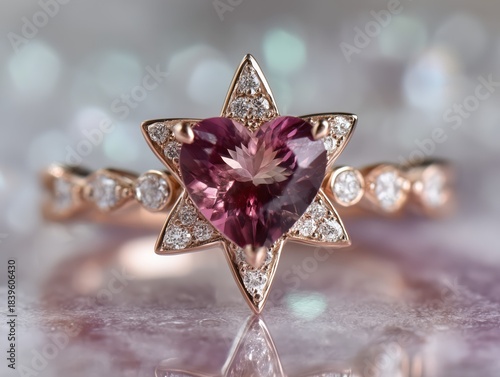 Beautiful golden ring with Magen David and a red heart gemstone inside surrounded with diamonds