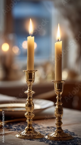 Elegant Shabbat glowing candles on Shabbat table