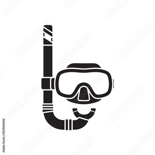 Black silhouette of a diving mask and snorkel a flat vector icon for summer vacation water sports and underwater exploration designs isolated on white background