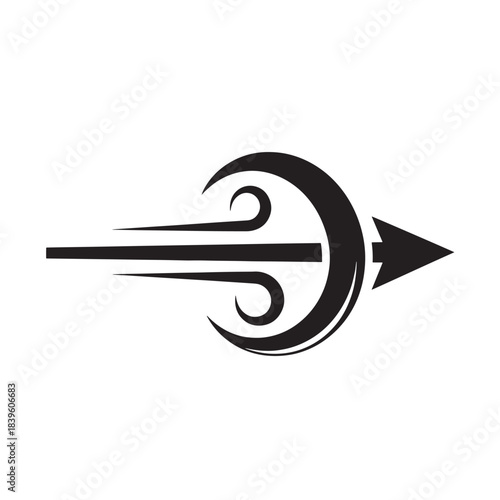 Stylized black arrow with wind lines a minimalist vector graphic representing speed motion or a powerful projectile isolated on white