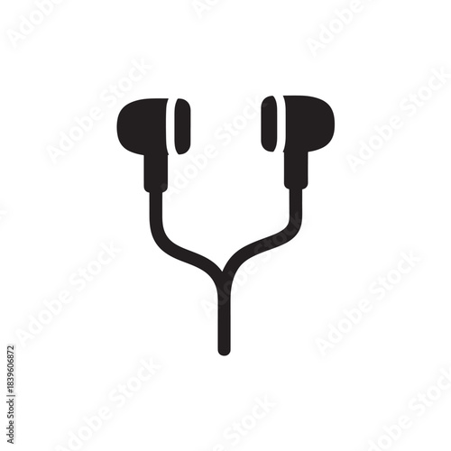 Minimalist black glyph icon of wired in-ear headphones a simple flat design element for audio devices music apps or technology concepts isolated on white background