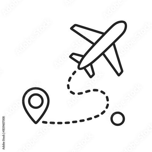 Thin-outline icon of an airplane with a dotted international route, ideal for migration services, visa platforms, relocation apps, and global travel communication.