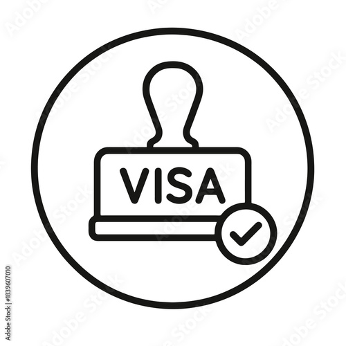 Thin-outline visa stamp icon with approval mark, ideal for immigration services, document verification apps, global travel platforms, and visa application systems.